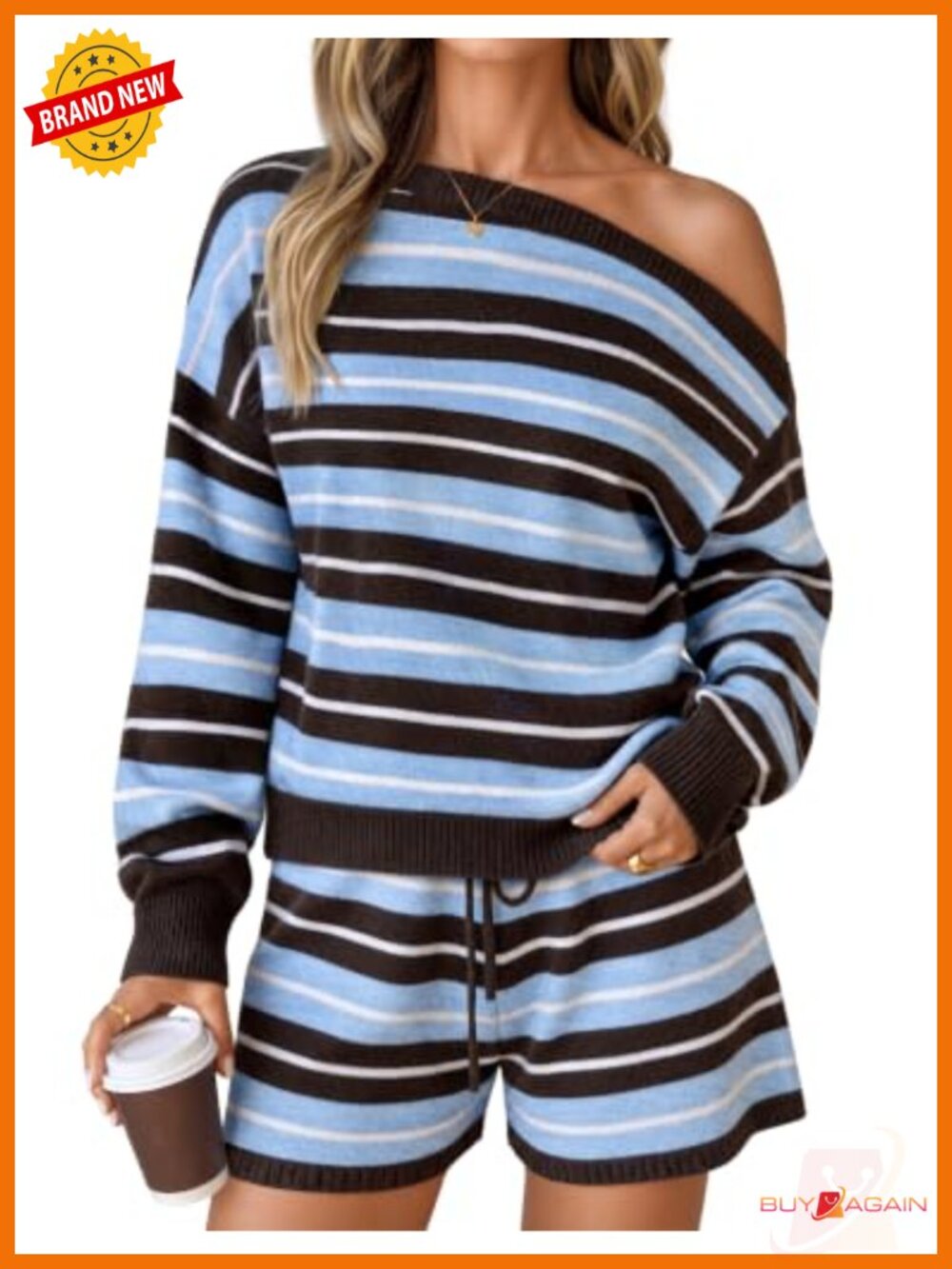2 Piece Striped Lounge Sets Off Shoulder Sweater Shorts Knit Loungewear Winter